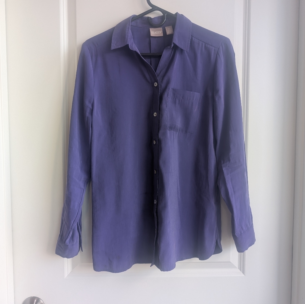 Chico's purple button-down blouse. Soft, suede-like material.  Normcore classic
